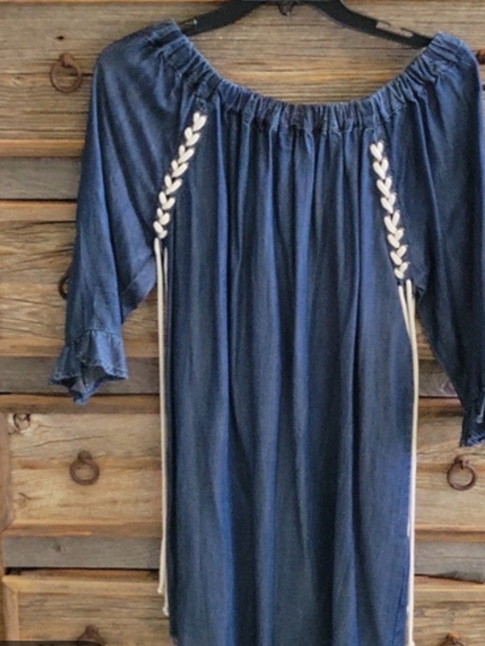 Chelsea & Theodore Navy Off-the-Shoulder Embroidered Midi Dress